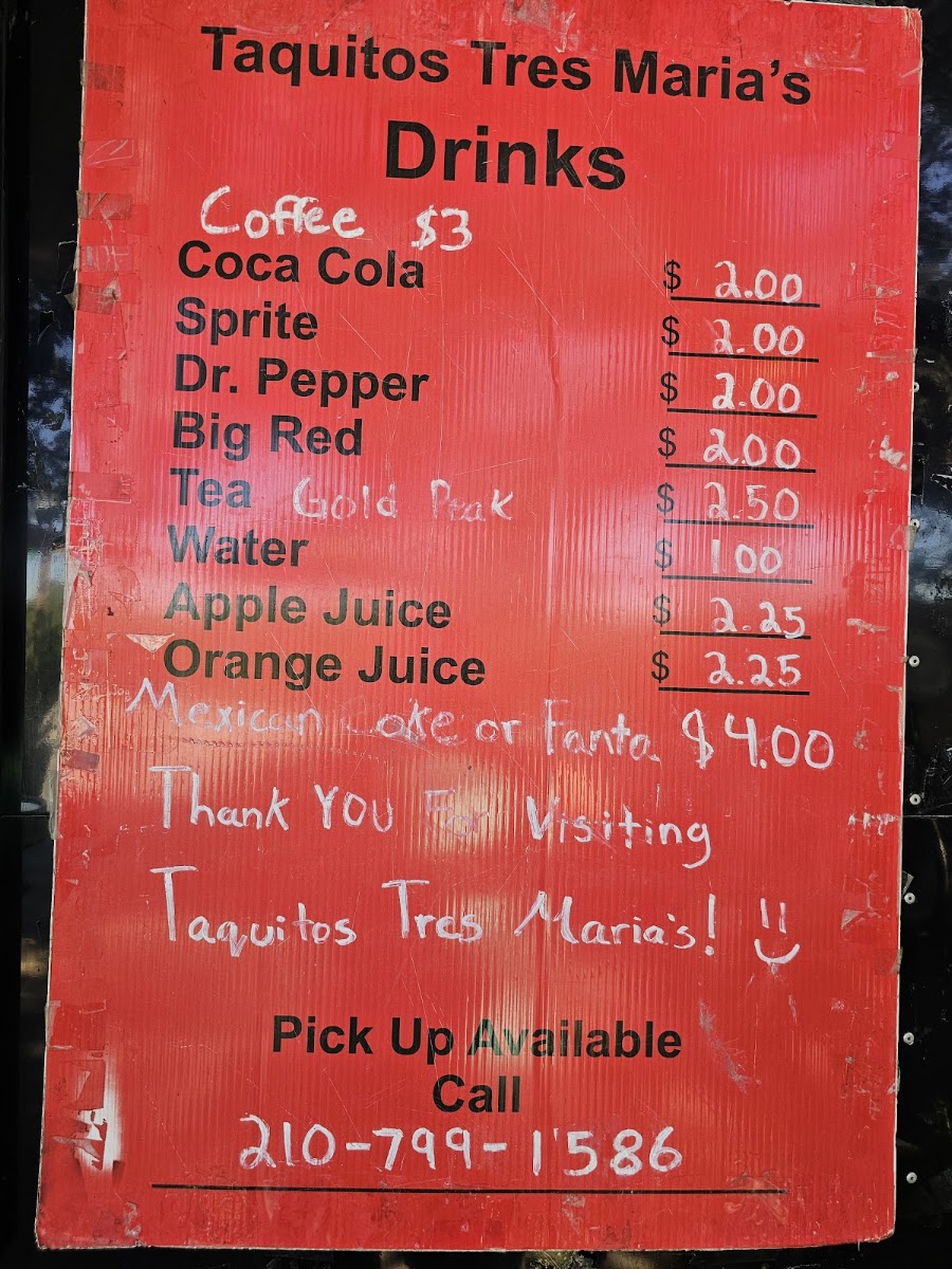 Taquitos Tres Maria's menu board