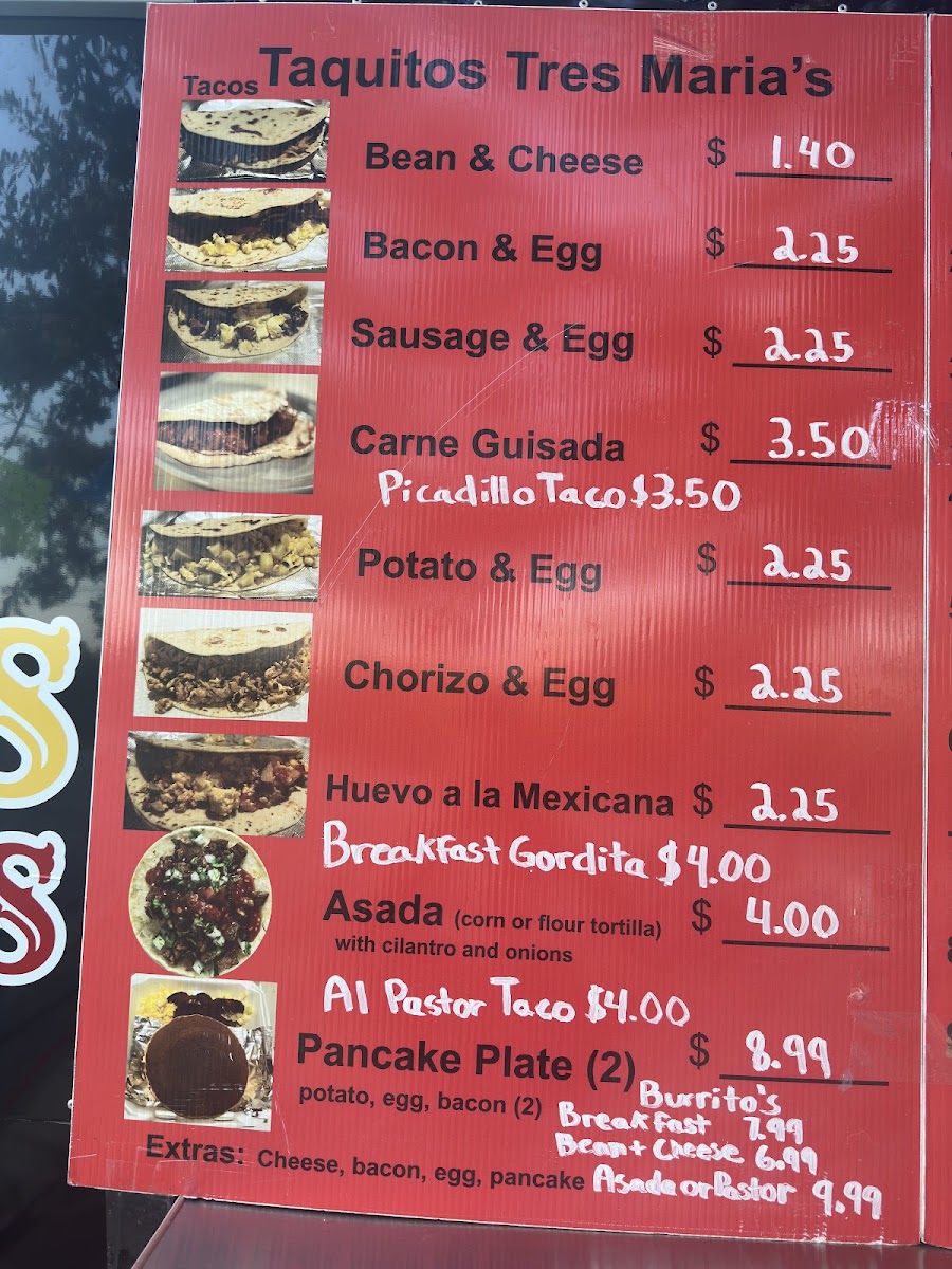 Taquitos Tres Maria's menu board