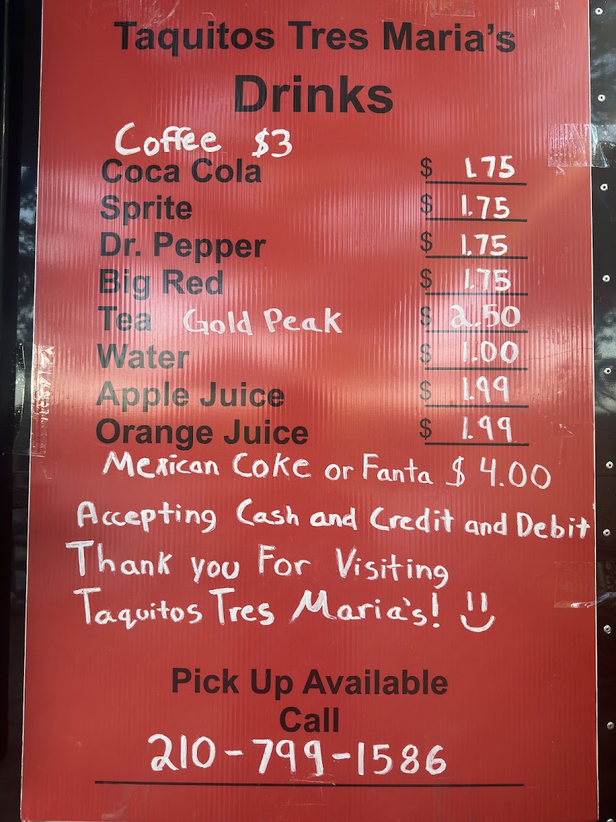 Taquitos Tres Maria's menu board