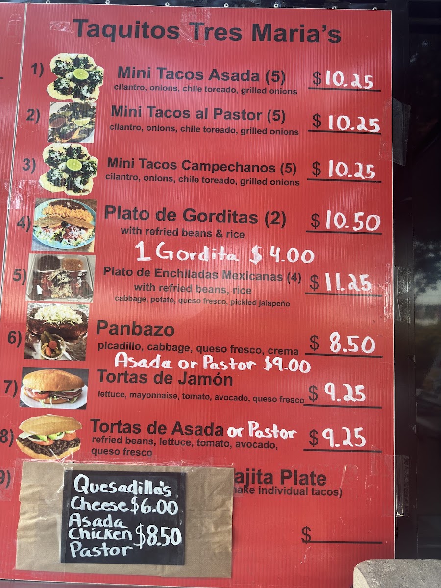 Taquitos Tres Maria's menu board