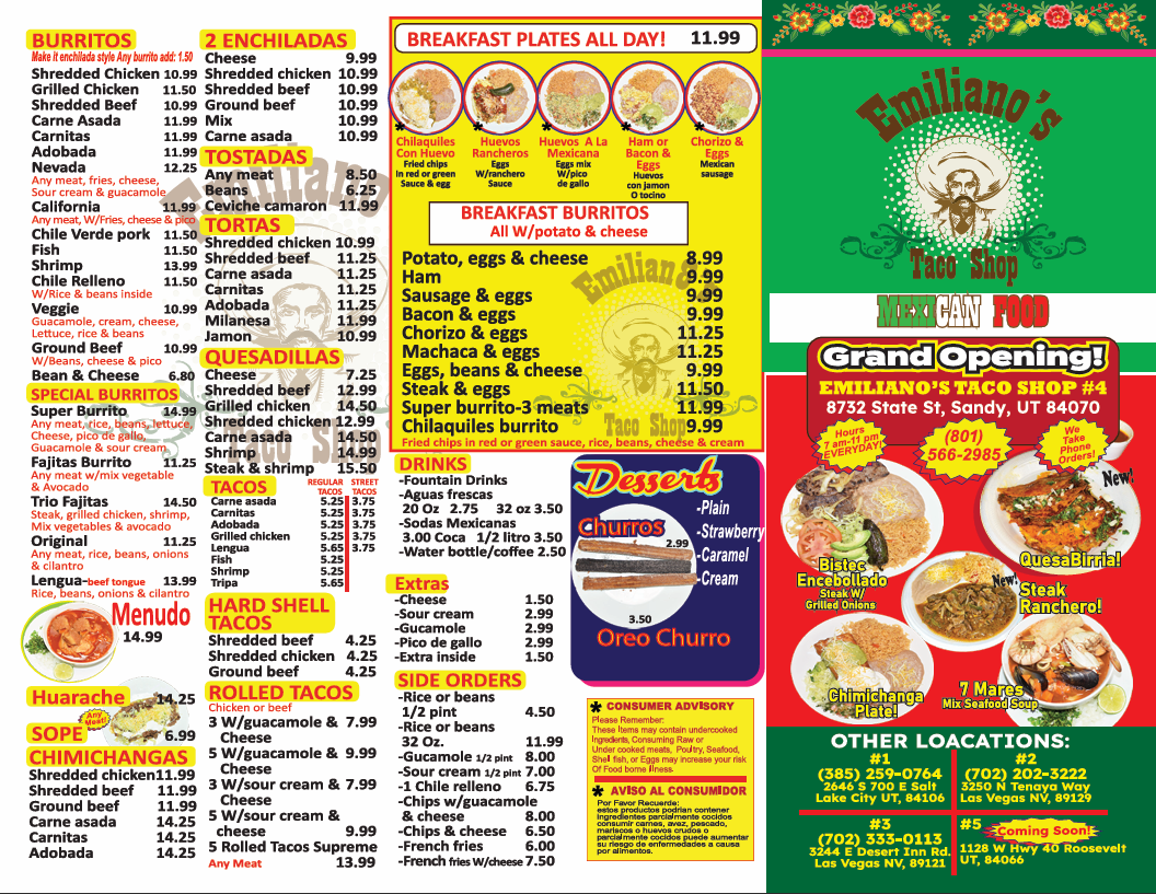 Emiliano's Taco Shop 4 menu board