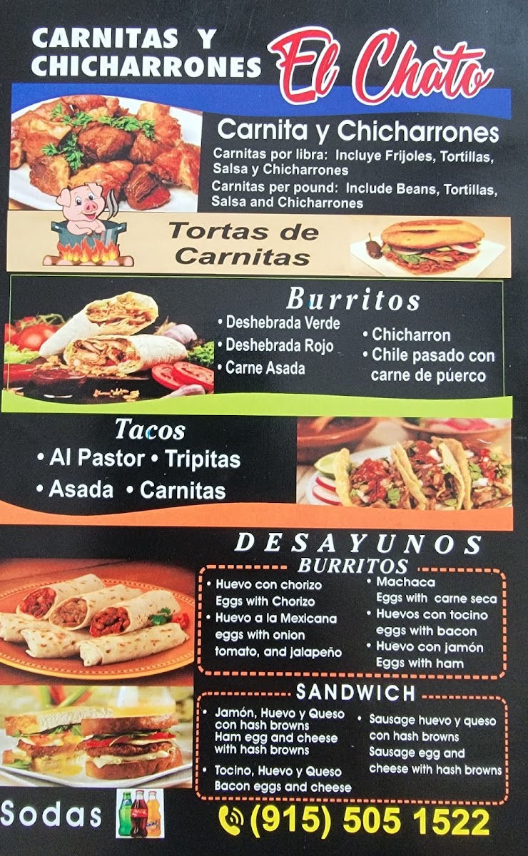 Carnitas y Chicharrones 'El Chato' menu board
