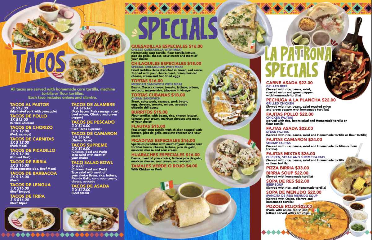 Taqueria La Patrona menu board