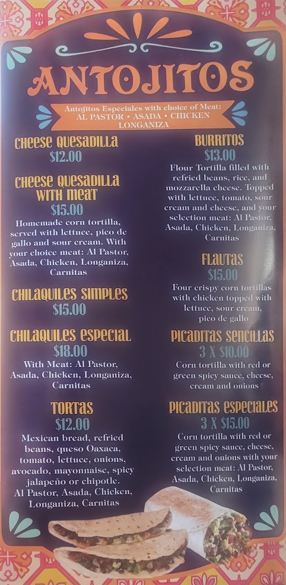 Taqueria La Patrona menu board