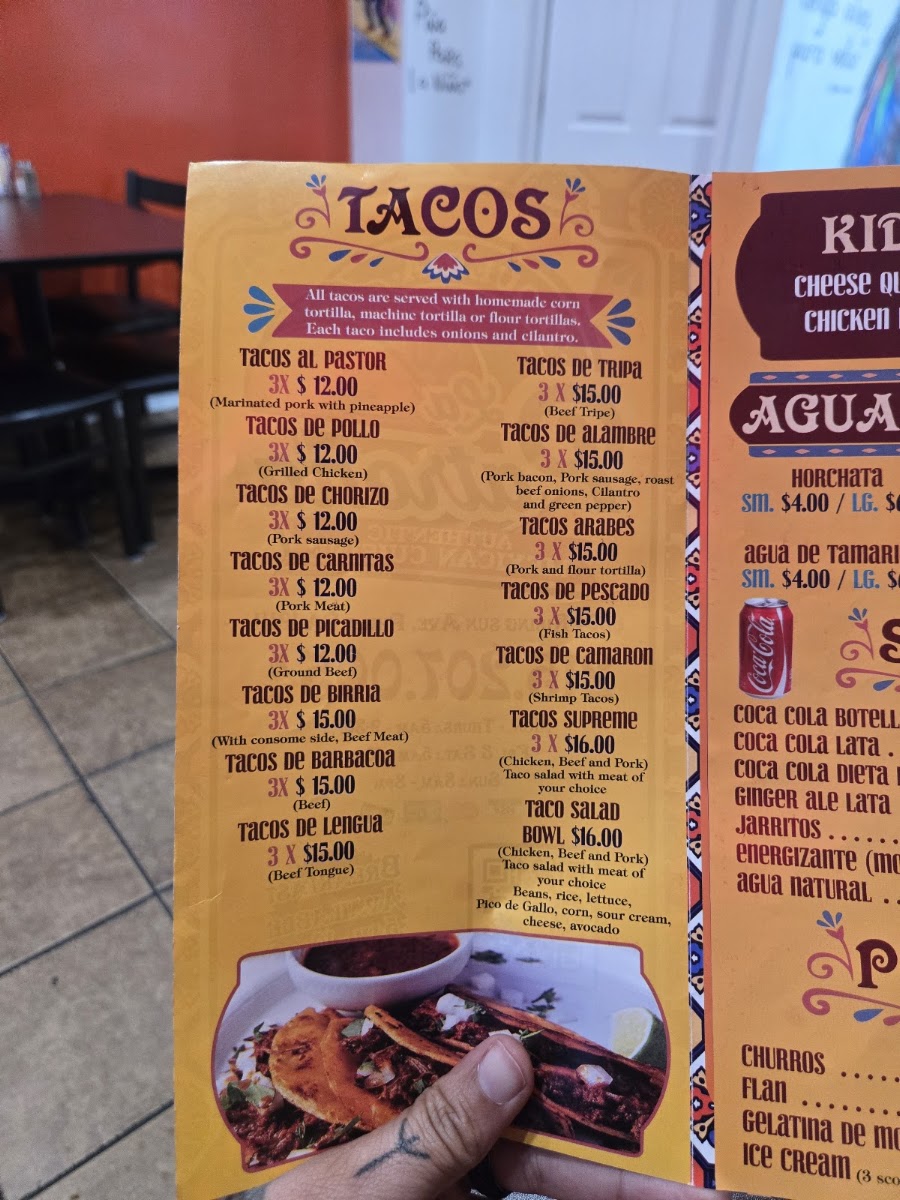 Taqueria La Patrona menu board