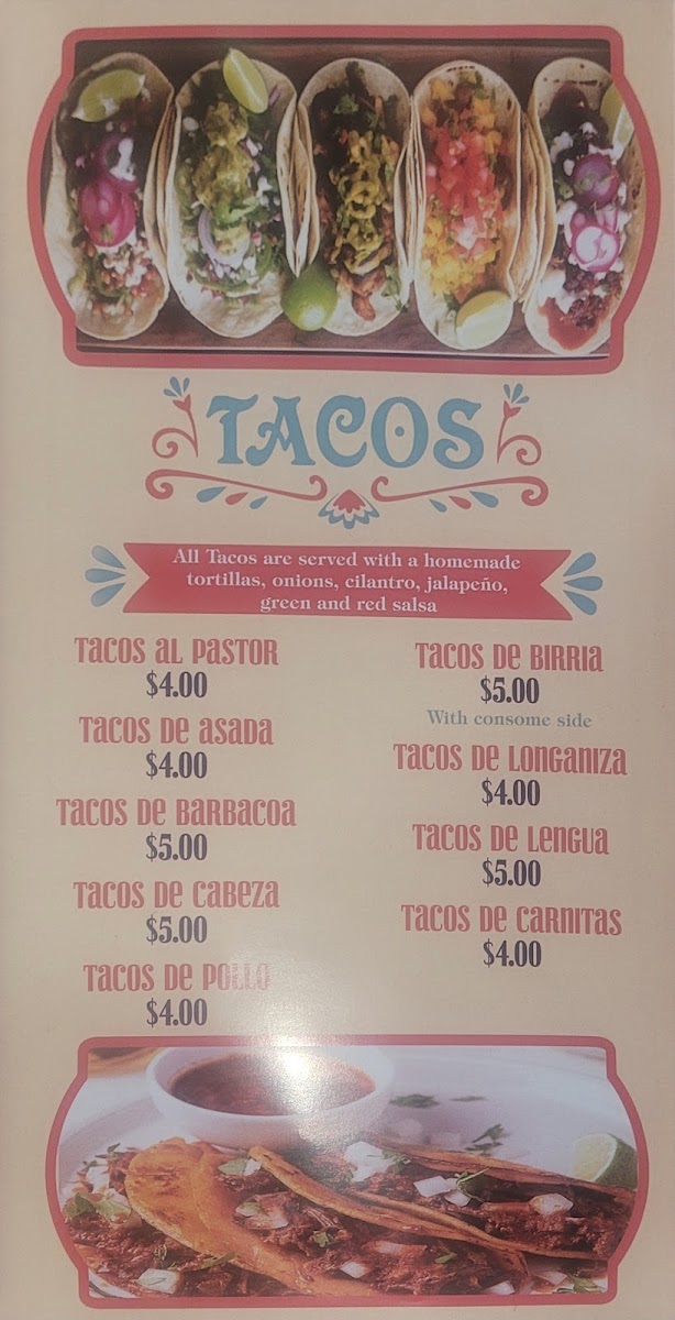 Taqueria La Patrona menu board