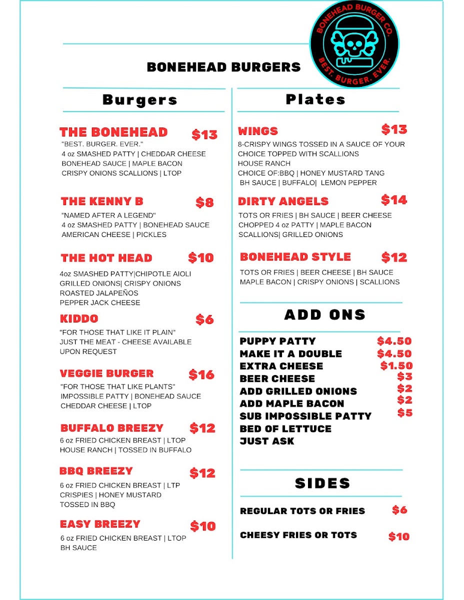 Bonehead Burger Co. menu board