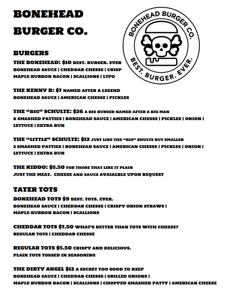 Bonehead Burger Co. menu board