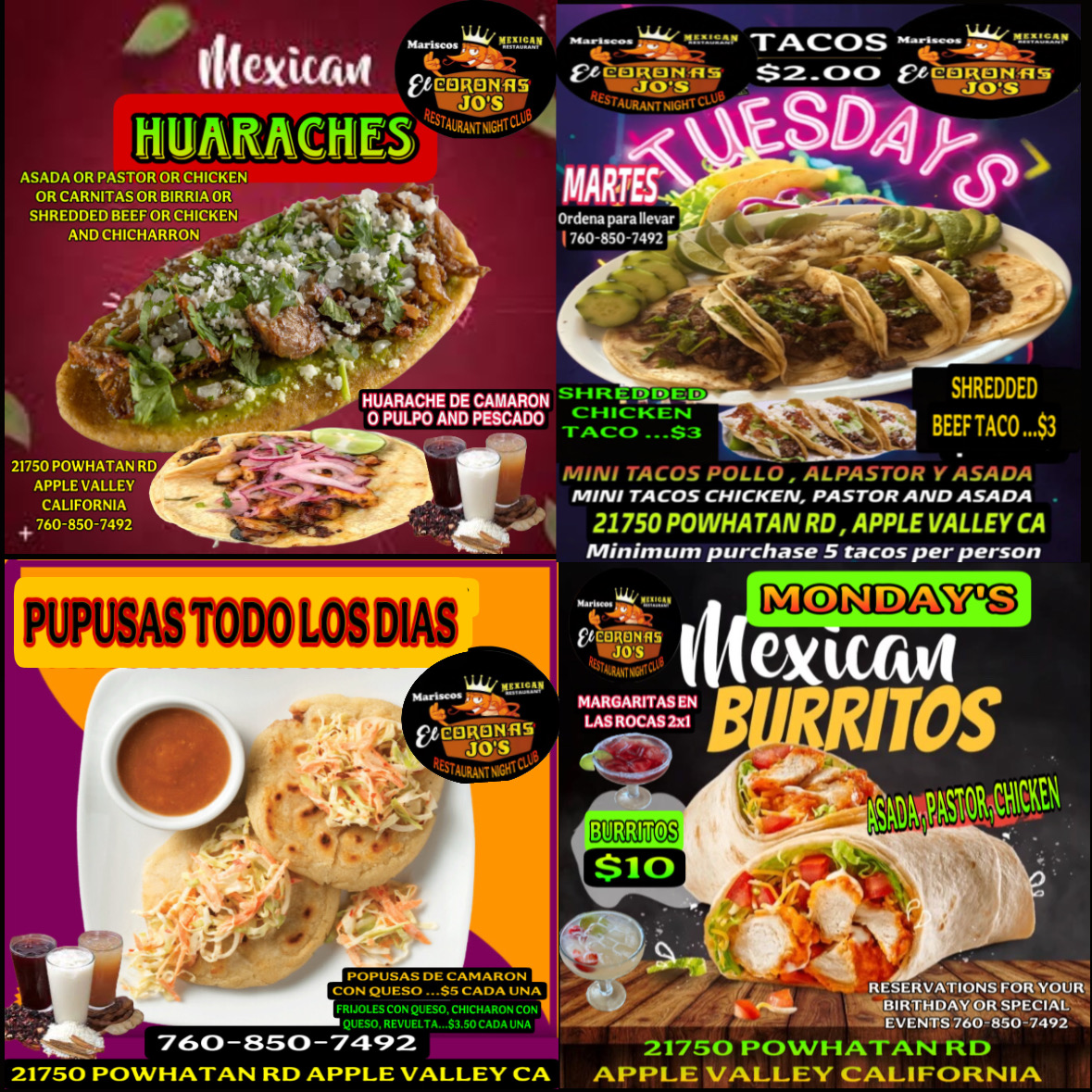 EL CORONAS JOS RESTAURANT menu board