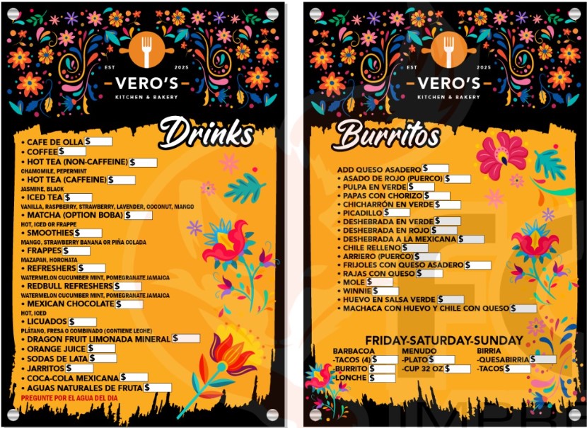 Vero's Kitchen and Bakery menu board