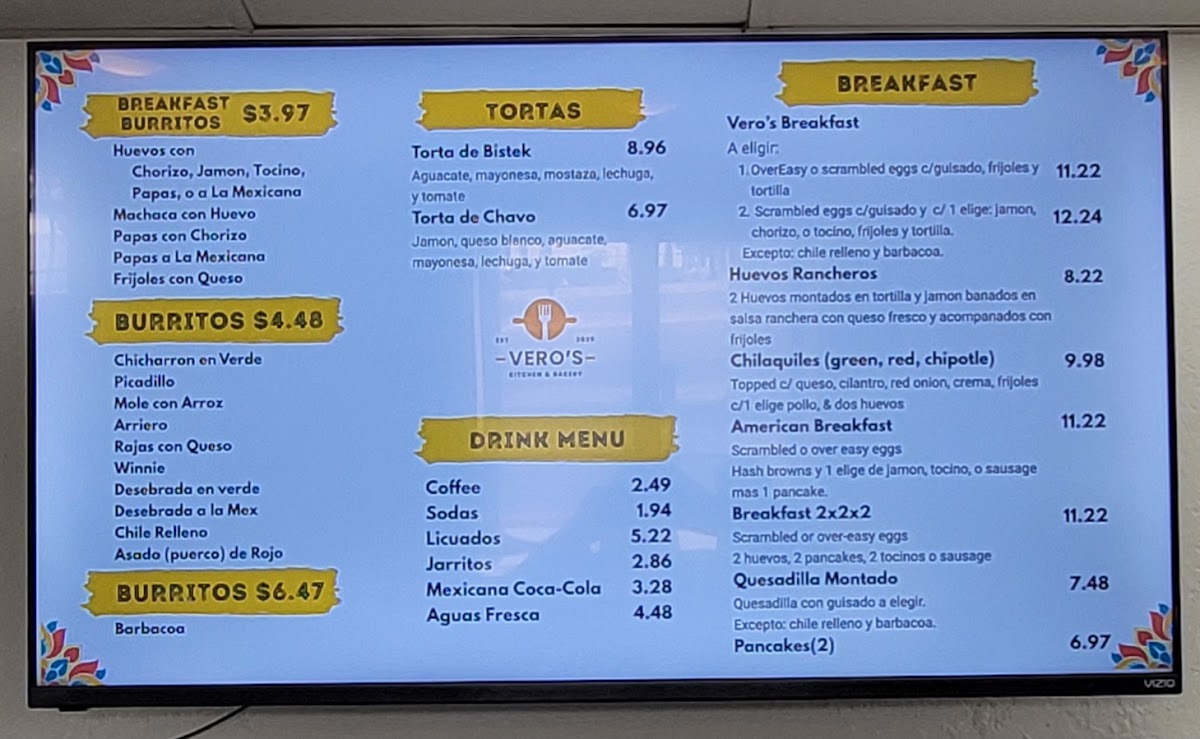 Vero's Kitchen and Bakery menu board