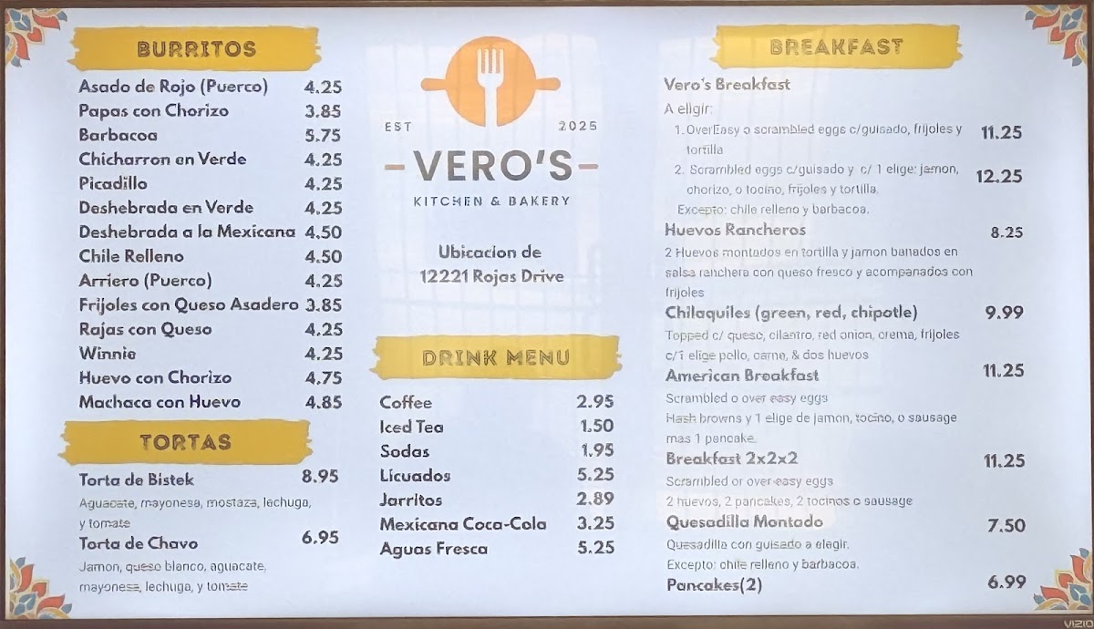 Vero's Kitchen and Bakery menu board