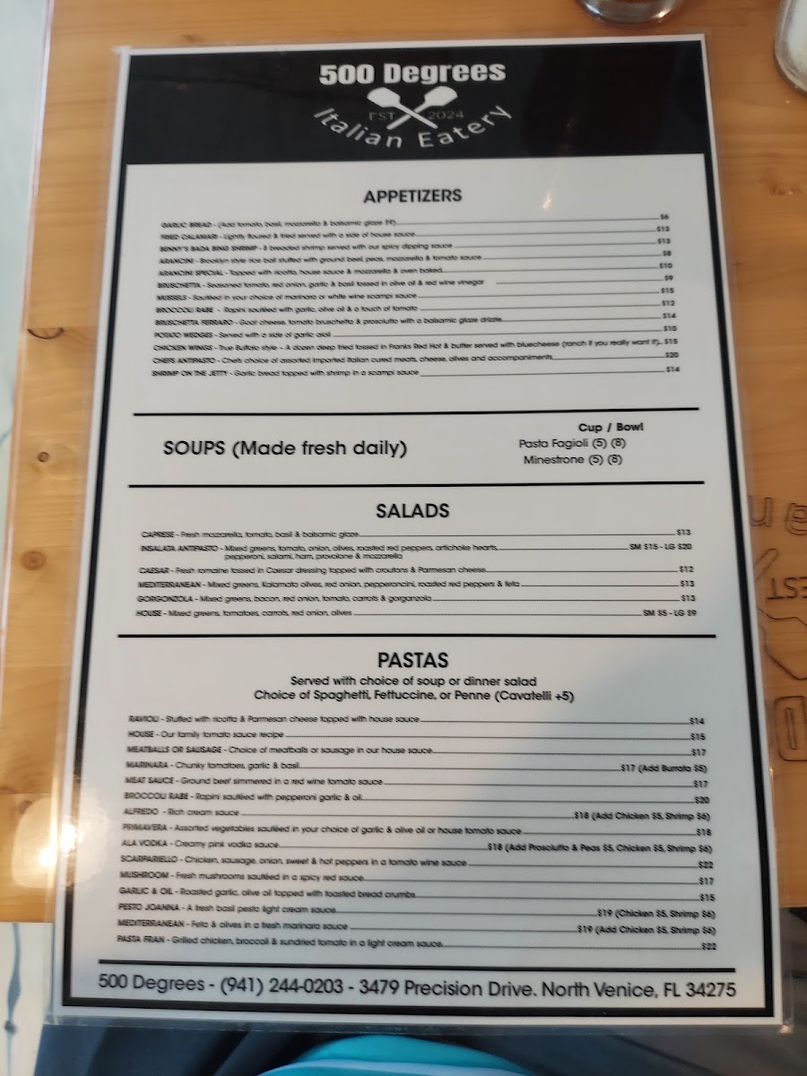 500 Degrees Italian Eatery menu board