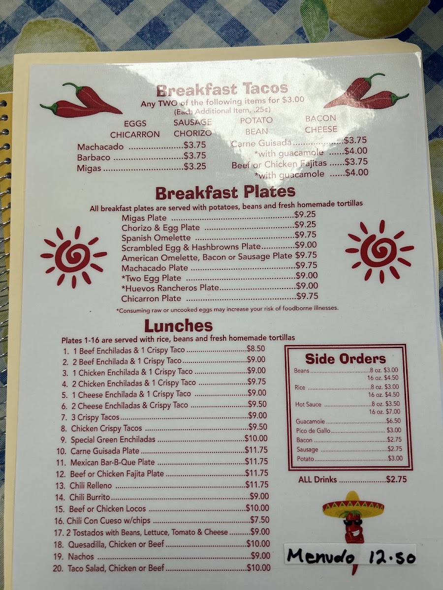 LAS COMADRES RESTAURANT menu board