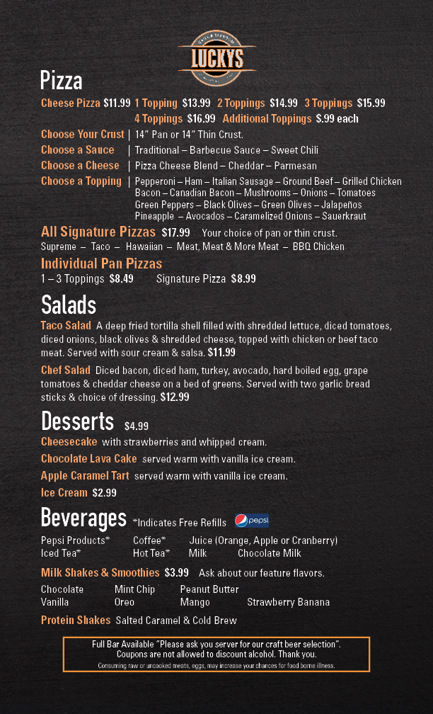 Lucky's Grill & Taproom menu board