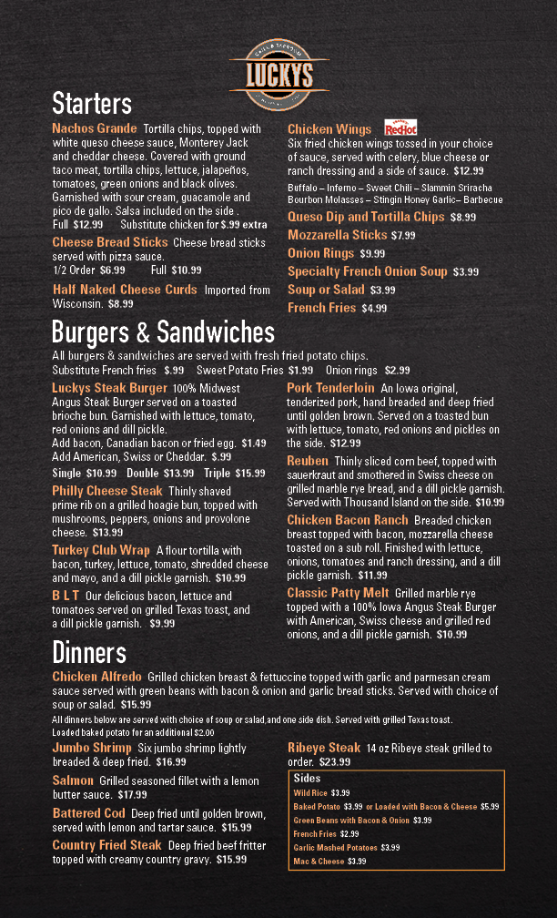Lucky's Grill & Taproom menu board