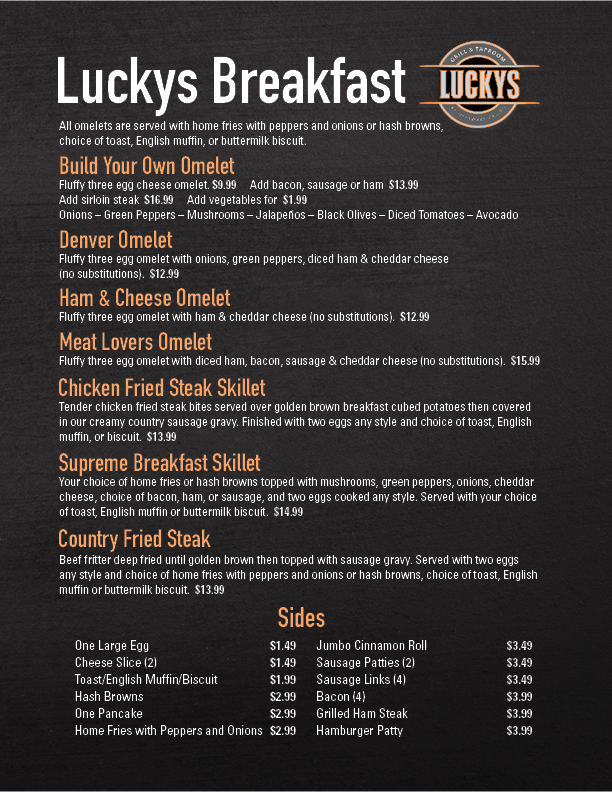 Lucky's Grill & Taproom menu board