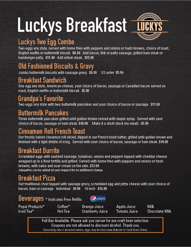 Lucky's Grill & Taproom menu board