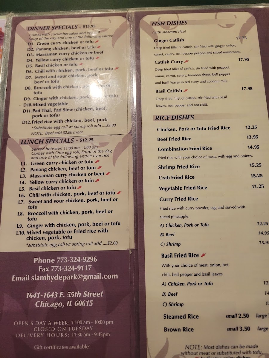 Siam Thai menu board
