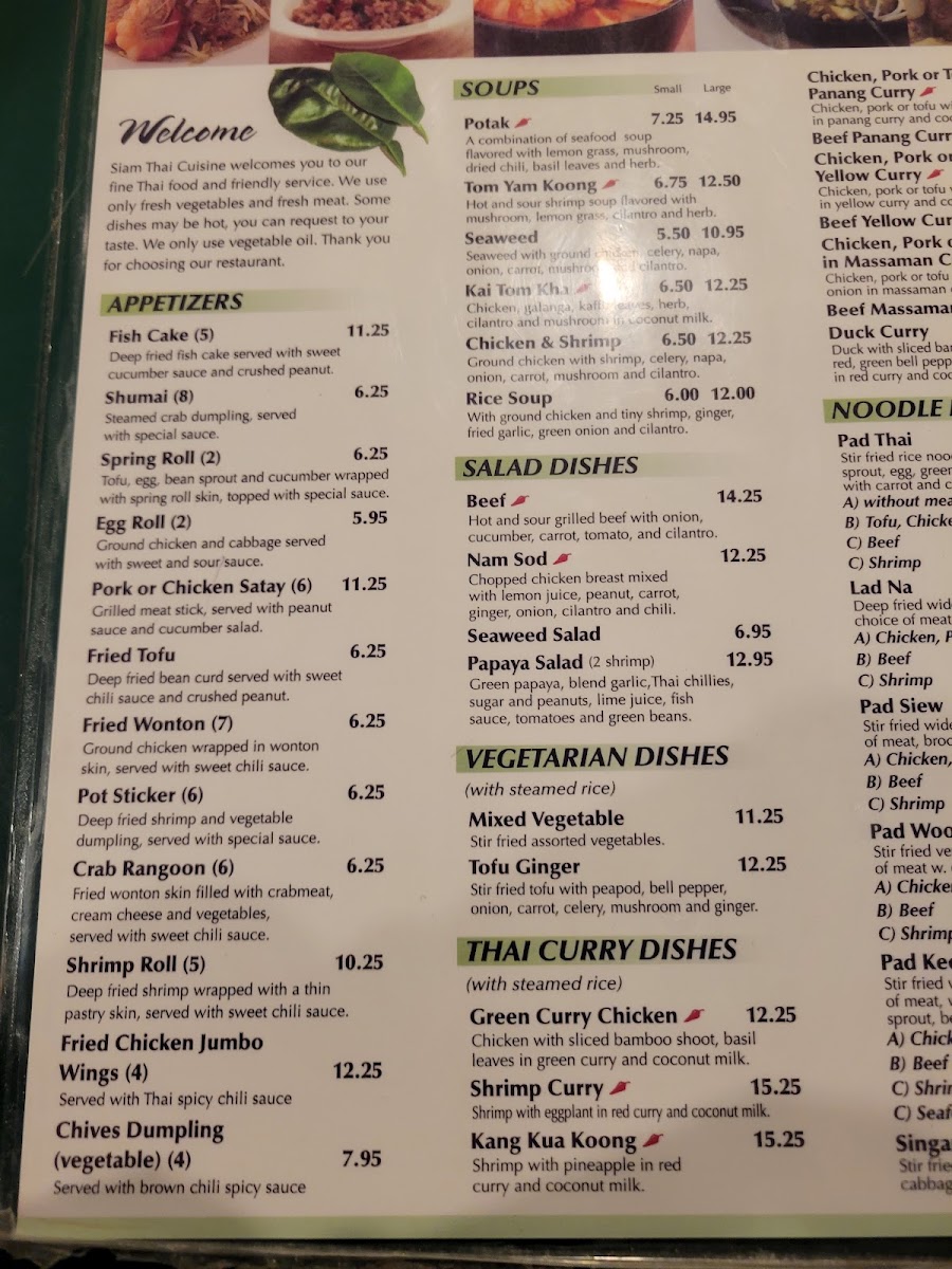 Siam Thai menu board