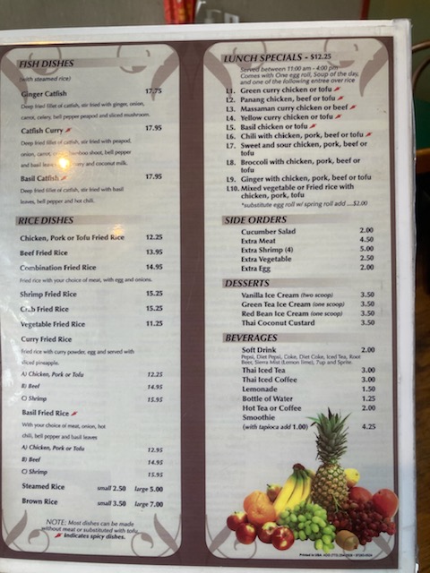 Siam Thai menu board