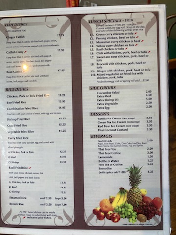 Siam Thai menu board