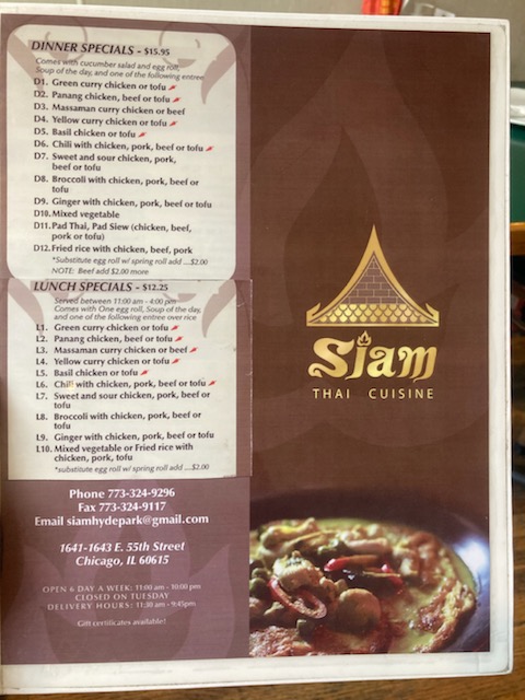 Siam Thai menu board