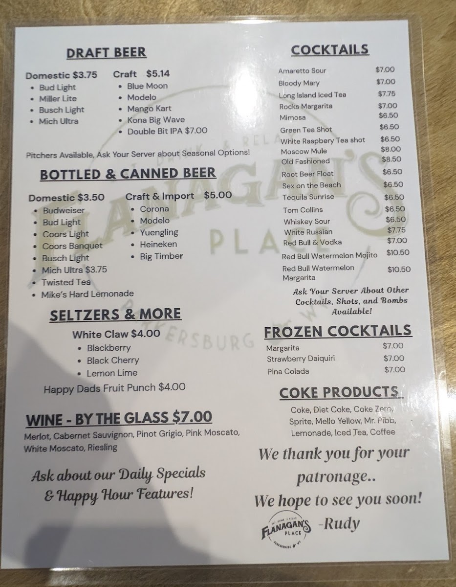 Flanagan’s Place menu board
