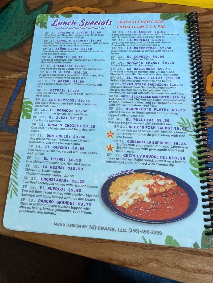 Cancuns Mexican Grill menu board