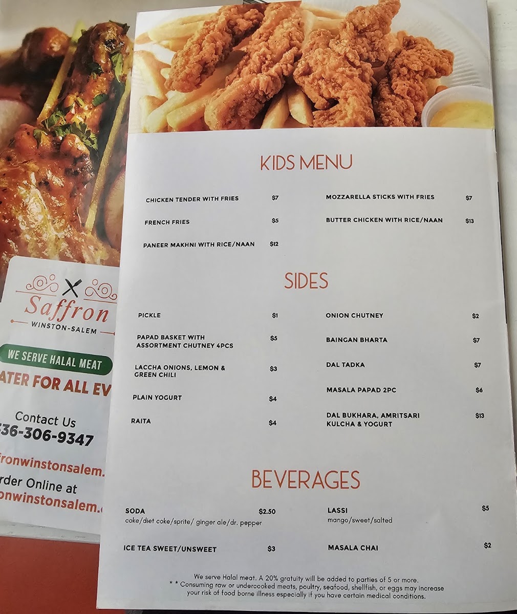 Saffron Indian Cafe menu board