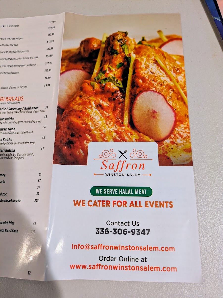 Saffron Indian Cafe menu board