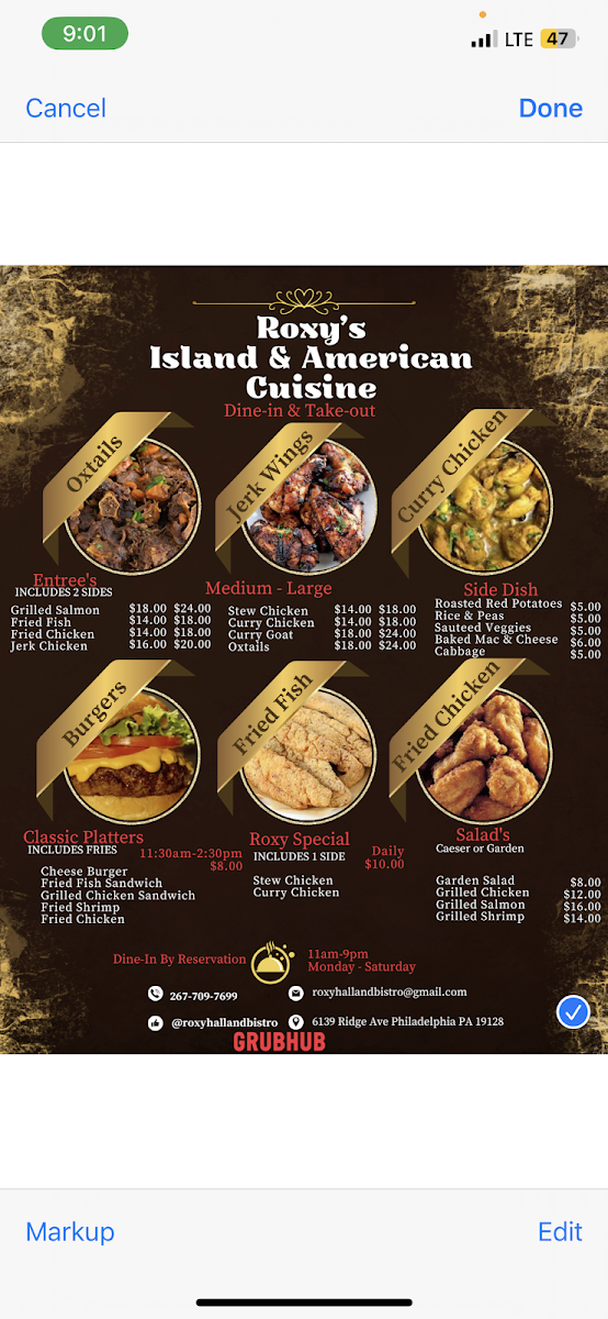 Roxyhall Island Cuisine menu board