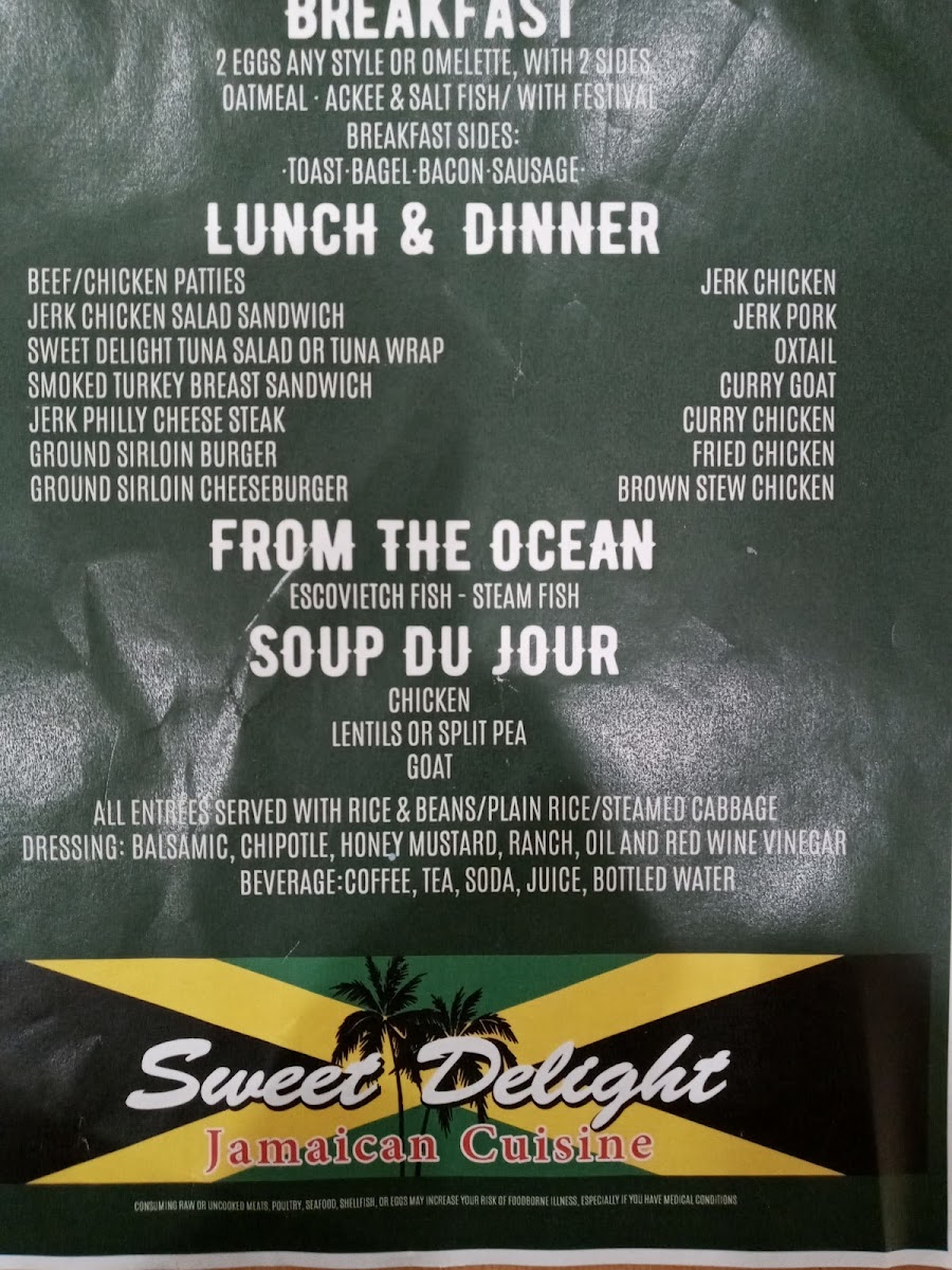 Sweet Delight Jamaican Cuisine LLC menu board