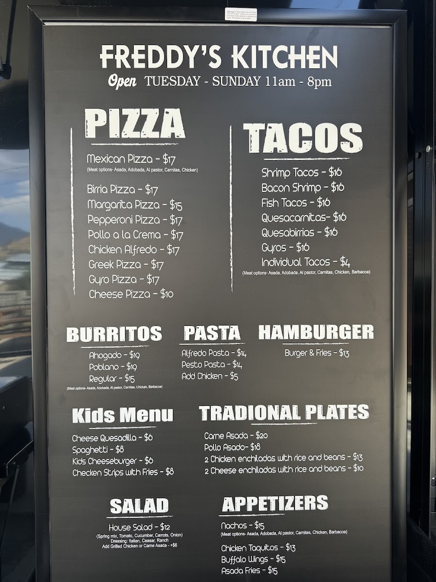 Freddy's Kitchen Food Truck menu board