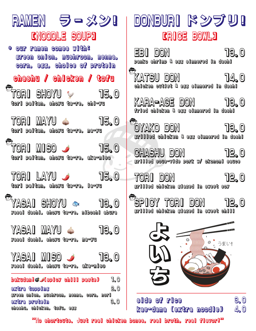 YOICHI RAMEN & DONBURI menu board