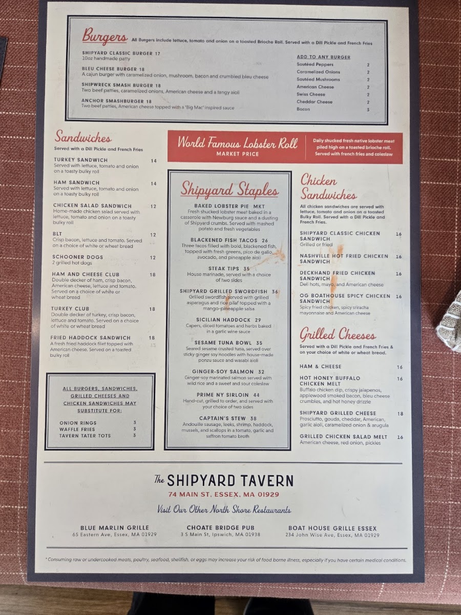 Shipyard Tavern menu board