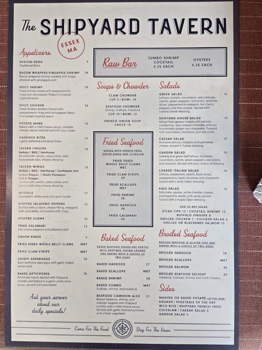 Shipyard Tavern menu board