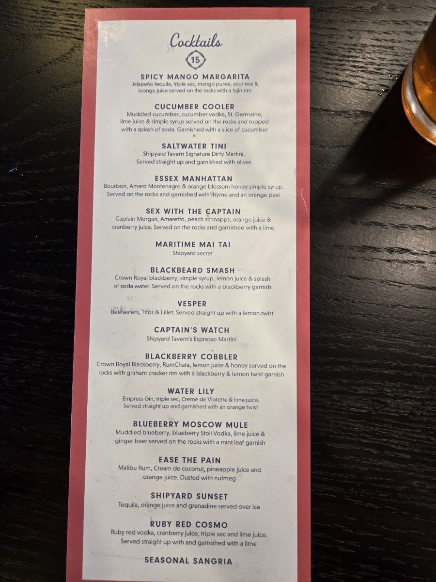 Shipyard Tavern menu board