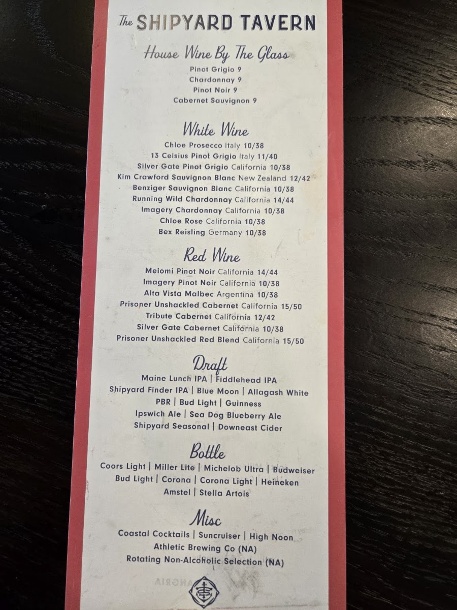 Shipyard Tavern menu board