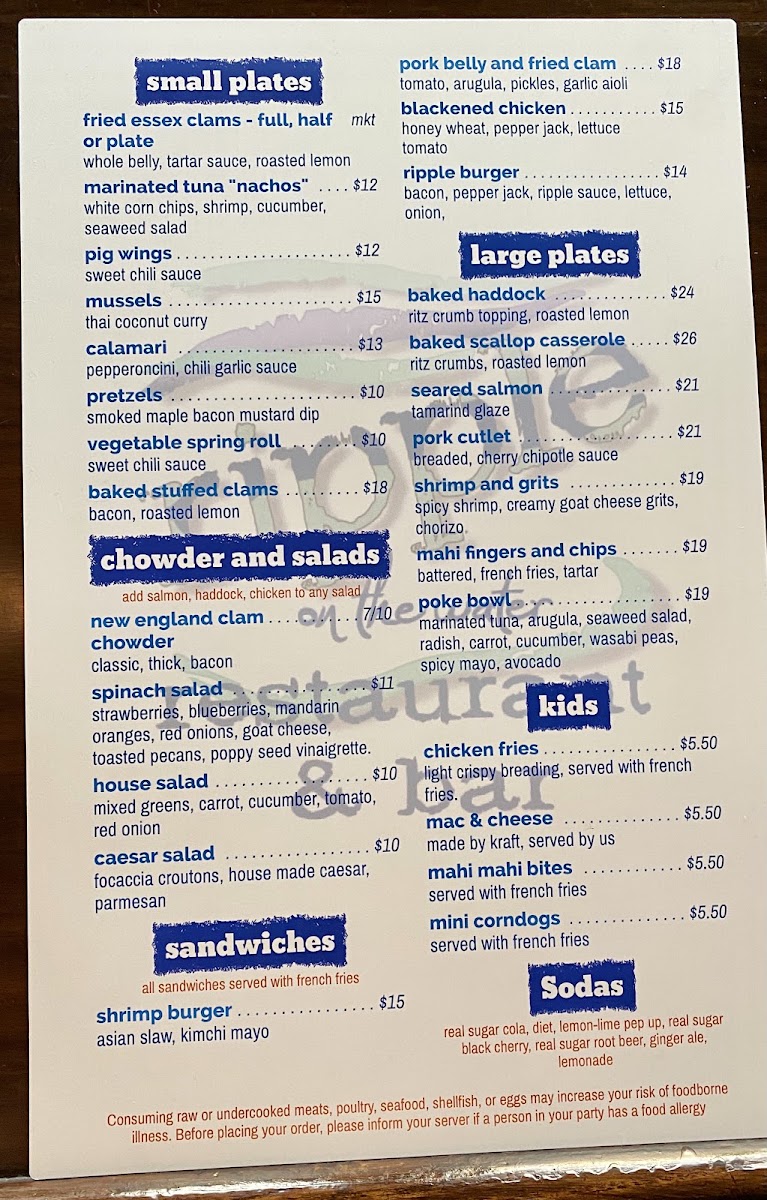 Shipyard Tavern menu board