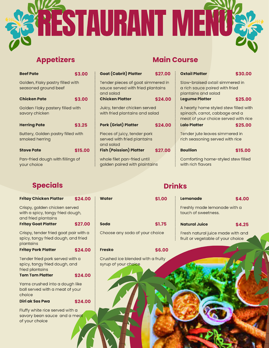 AJ Destiny Restaurant menu board