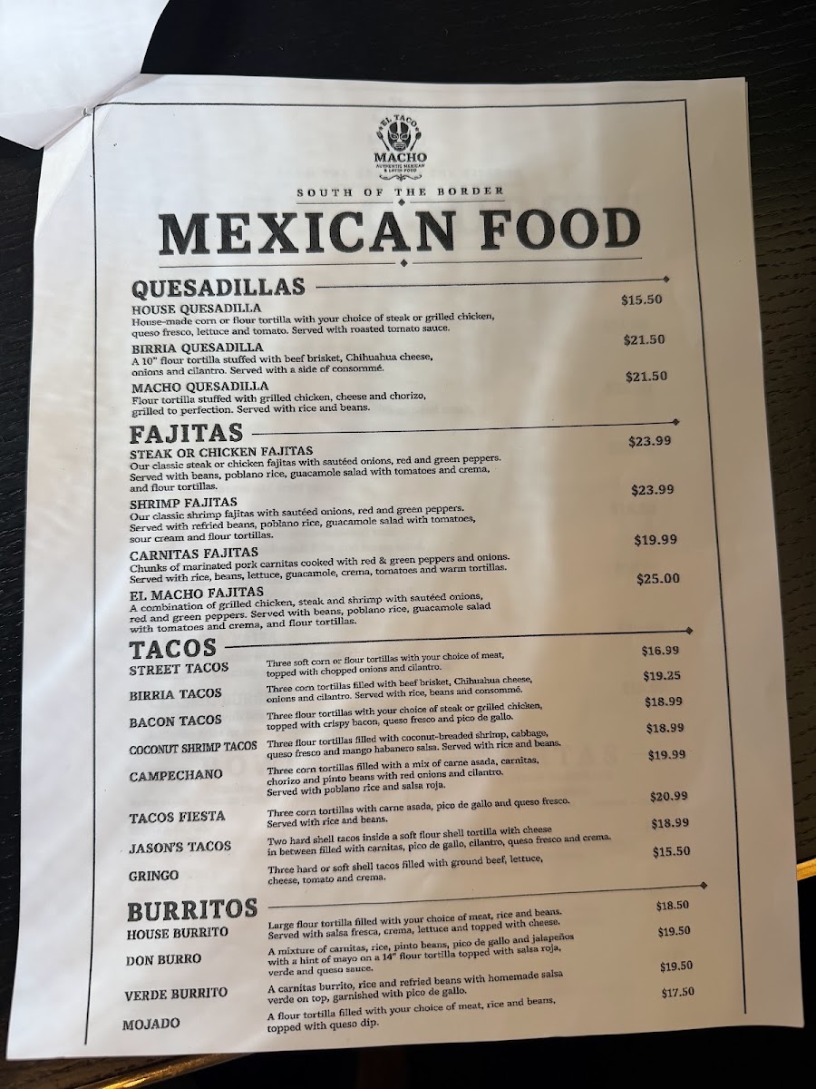 El Taco Macho Strongsville menu board