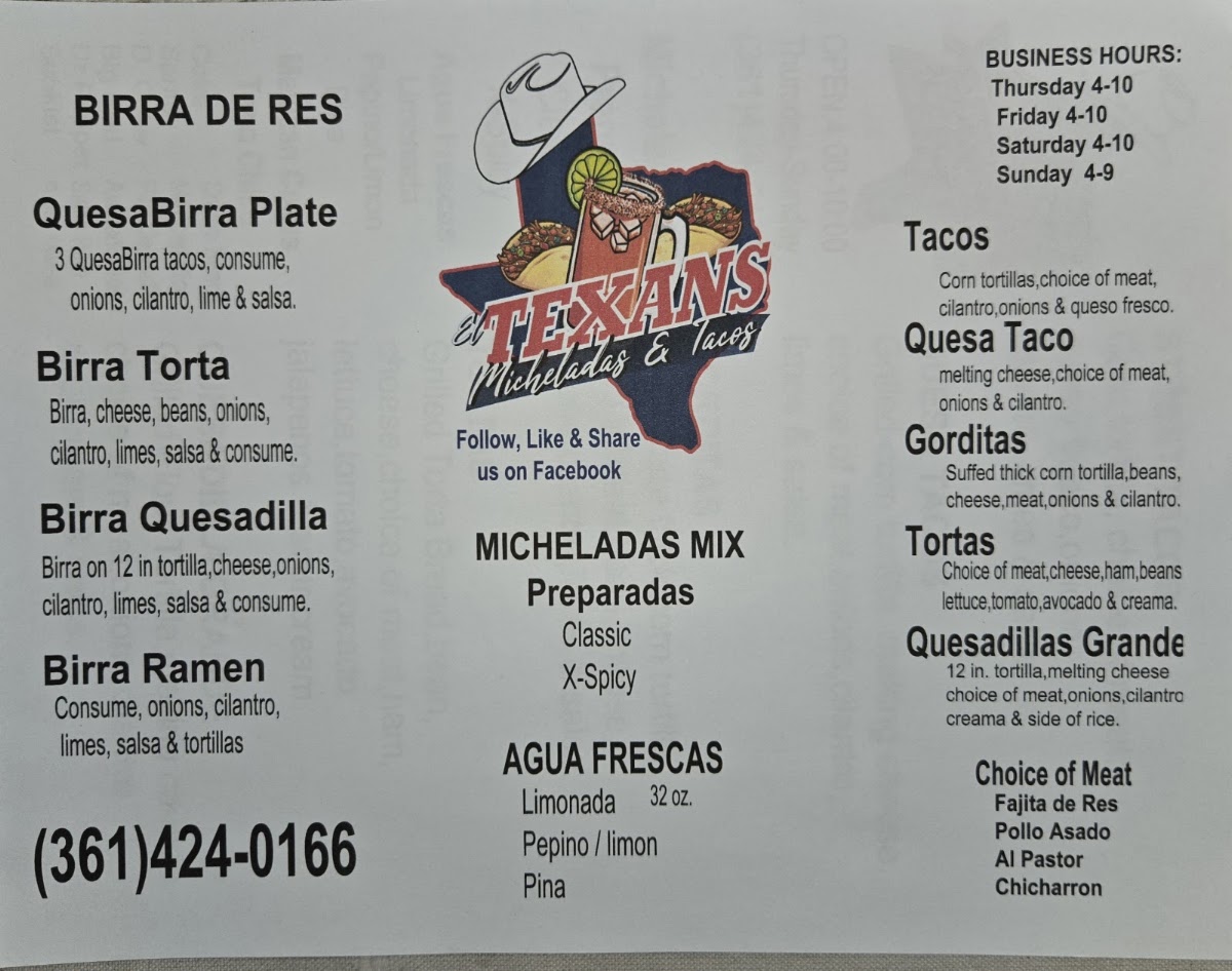 El Texans Micheladas & Tacos menu board