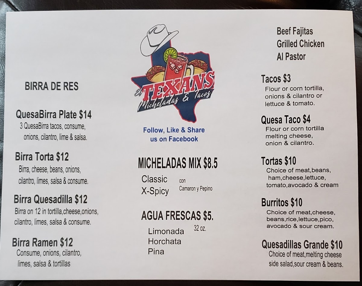 El Texans Micheladas & Tacos menu board
