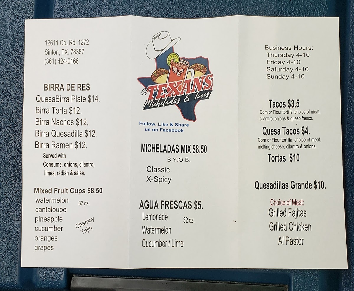 El Texans Micheladas & Tacos menu board
