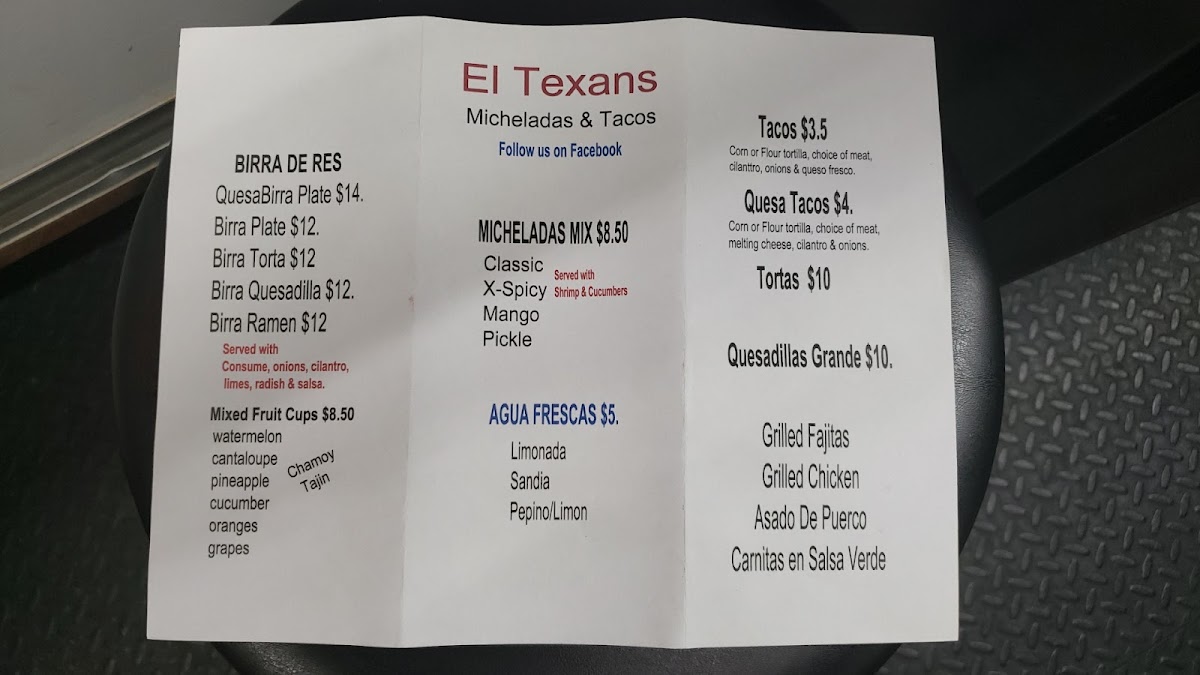 El Texans Micheladas & Tacos menu board