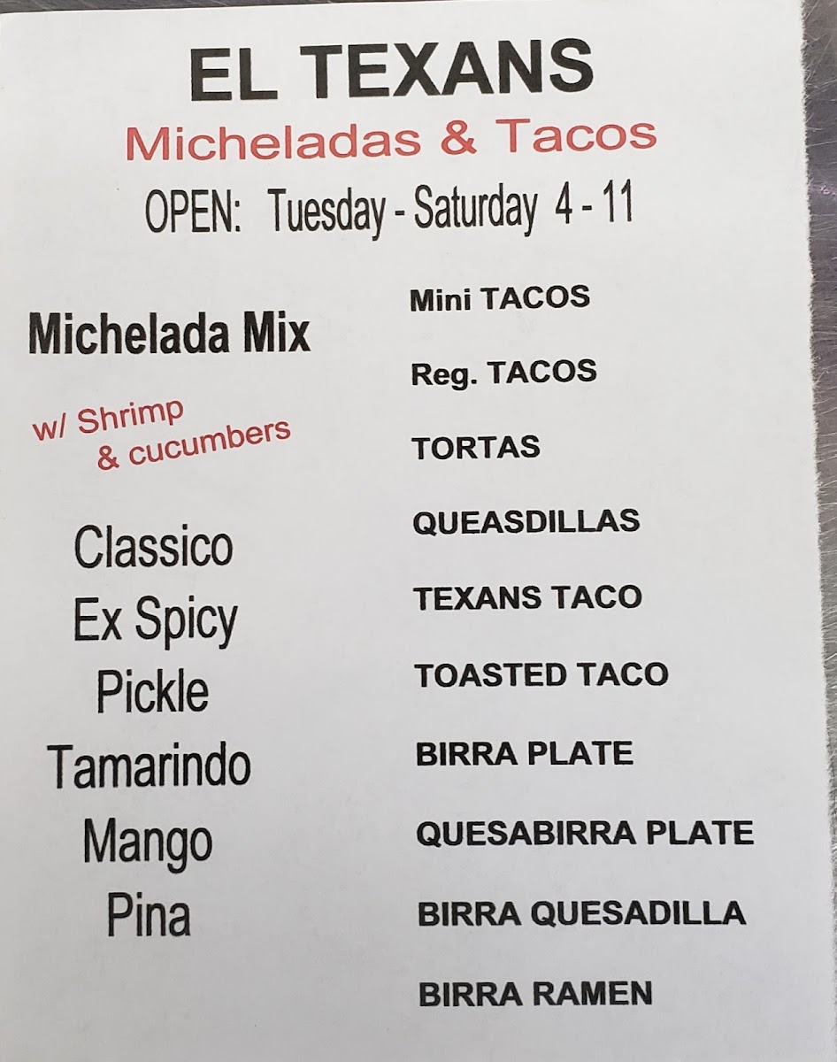 El Texans Micheladas & Tacos menu board