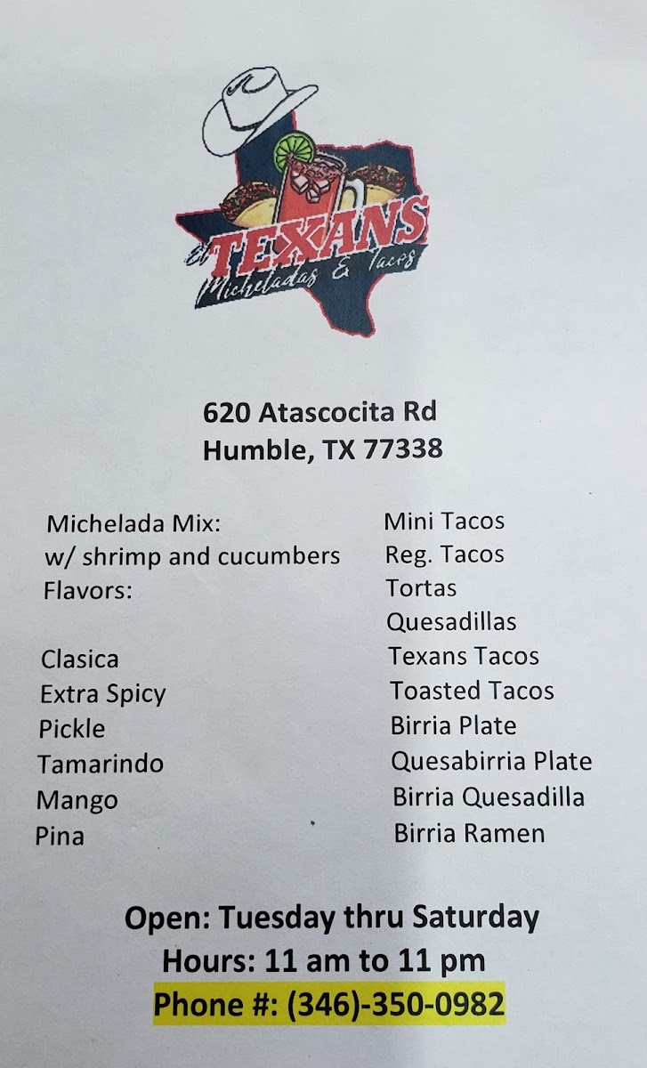 El Texans Micheladas & Tacos menu board