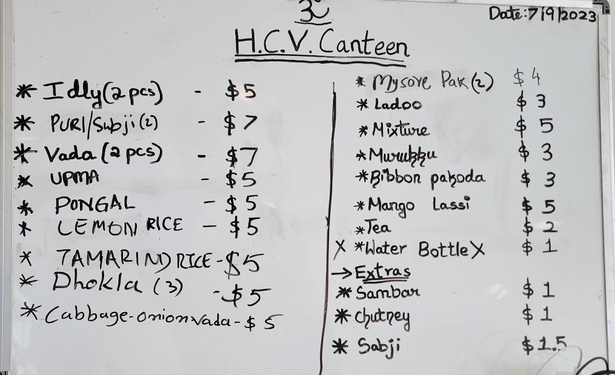 Hindu Center of Virginia Canteen menu board