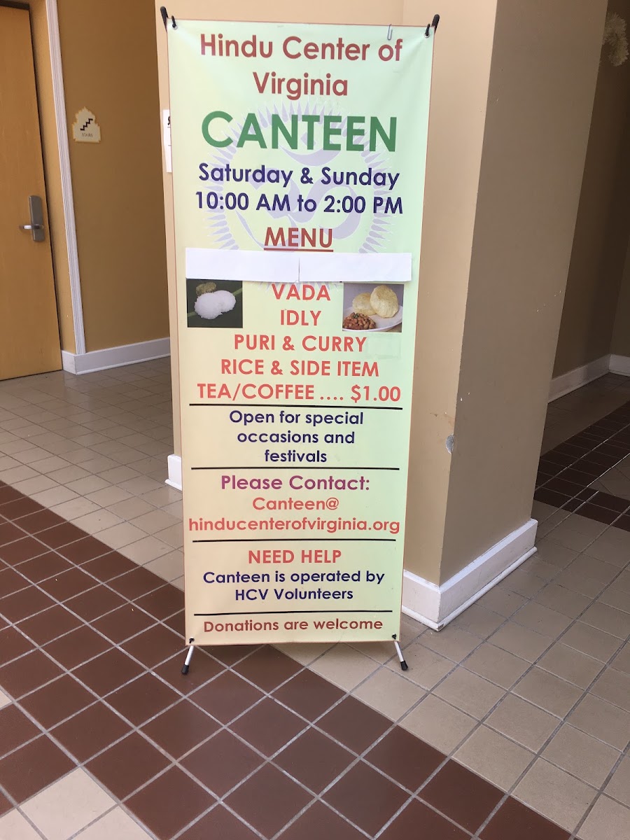 Hindu Center of Virginia Canteen menu board